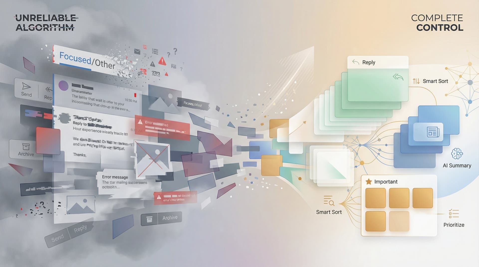 Conceptual illustration contrasting Outlook chaos with organized inbox clarity and AI assistance